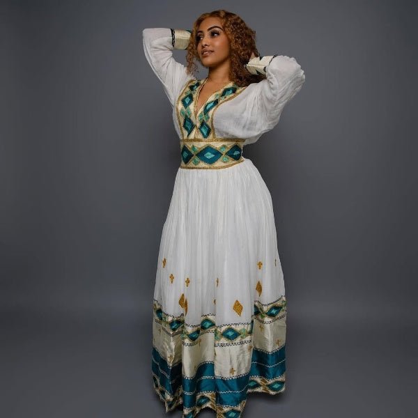 Green Based Multicolored Habesha Dress: Intricate Handmade Traditional Ethiopian Dress for Special Events Habesha Kemis