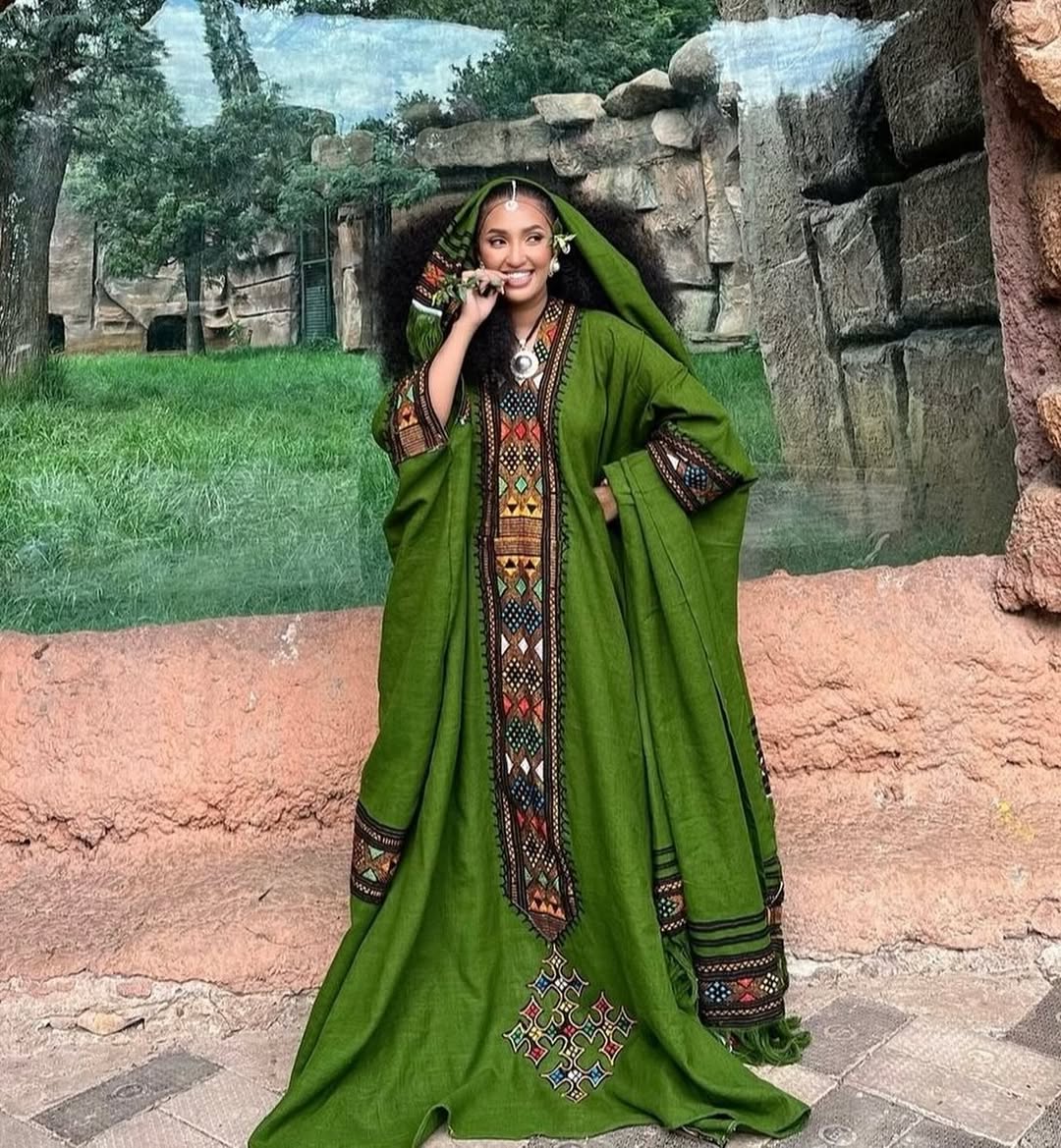 Enchanting Green Traditional Ethiopian Dress: Handmade Embroidery Habe