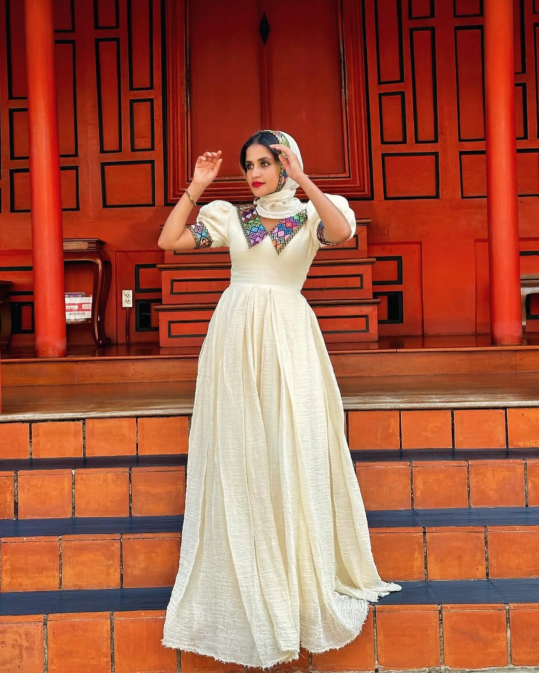 Beige Short Sleeve Habesha Kemis Colorful Pattern Everyday Habesha Dress