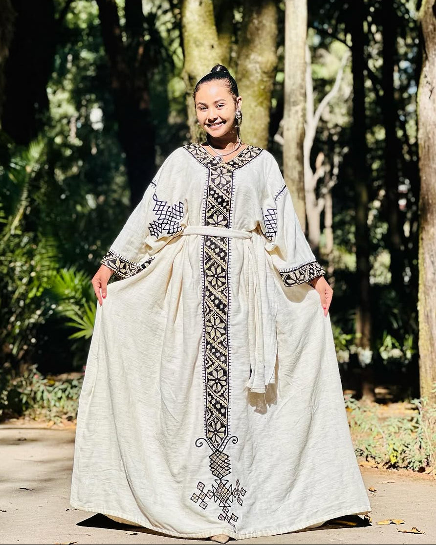 Timeless Cream Habesha Dress: Handcrafted Black Embroidery on Traditional Ethiopian Dress Cultural Habesha Kemis XL