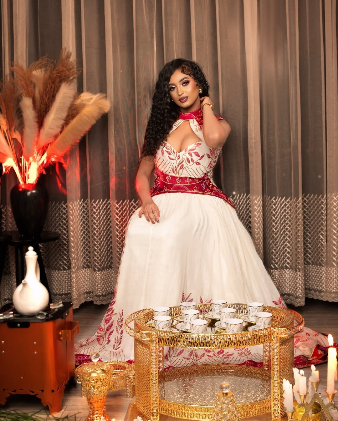 Classic Deep V-neck Red Habesha Dress: with Floral Handmade Details Ethiopian Clothing Modern Habesha Kemis