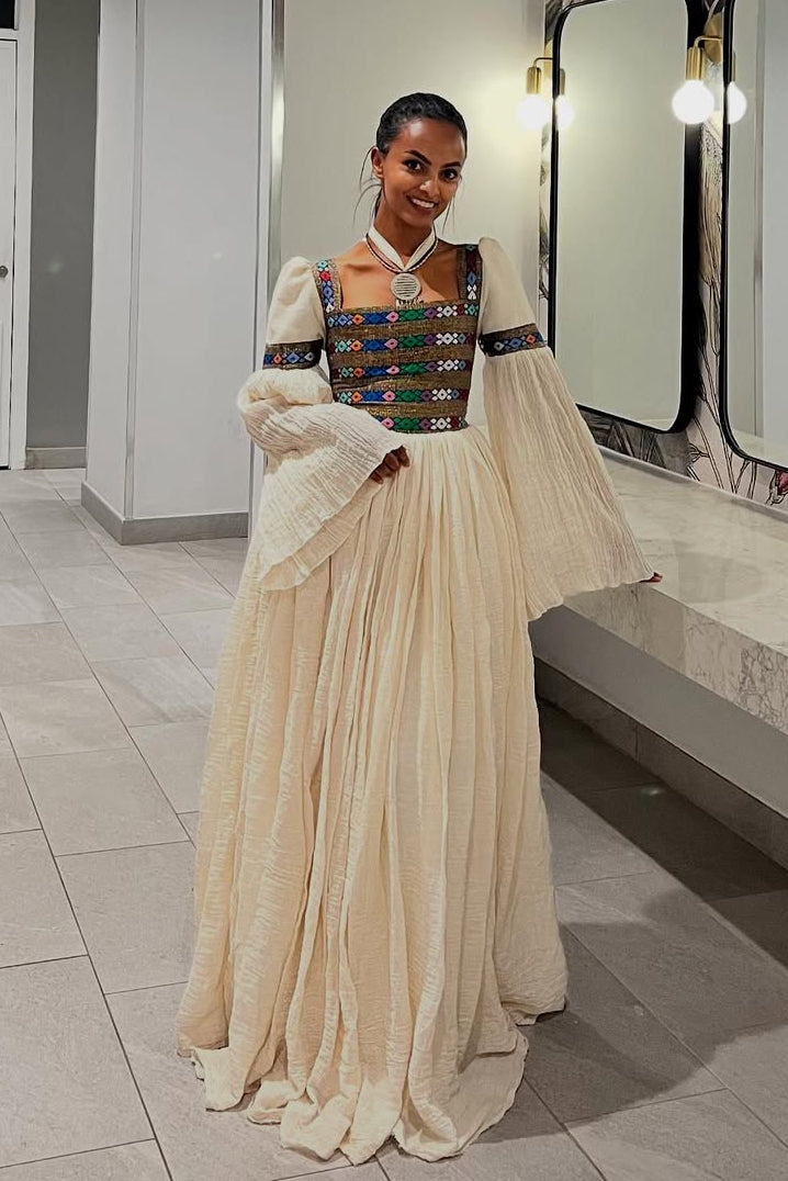 A Chic Beige Habesha Dress: Fashionable Open Back Traditional Ethiopian Dress Cultural and Modern Blended Habesha Kemis XL