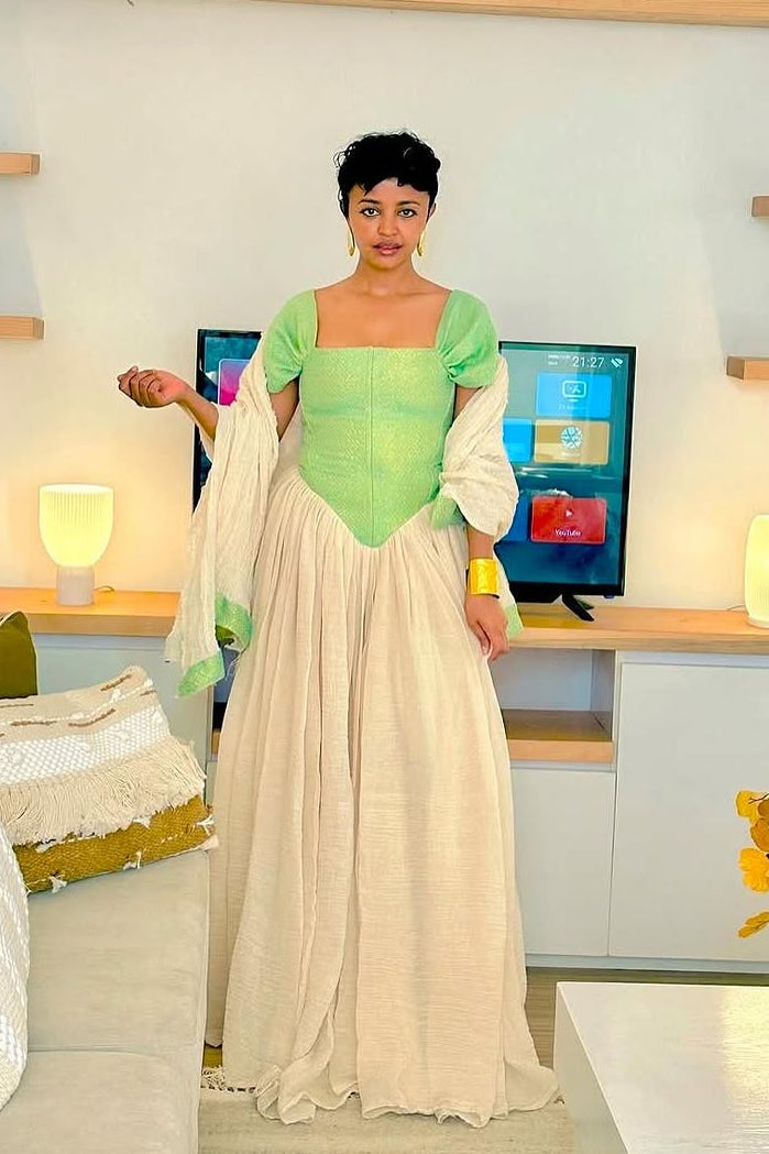 Contemporary Design on Green Habesha Dress: Corseted Modern Take on Traditional Ethiopian Dress for Graduation and Birthdays Habesha Dress S
