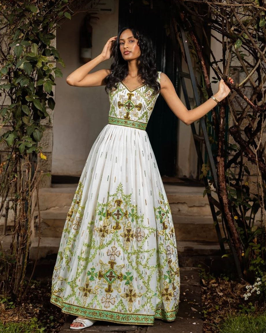 Elegant Sleeveless Green and Gold Habesha Wedding Dress With Modern Ethiopian Style M