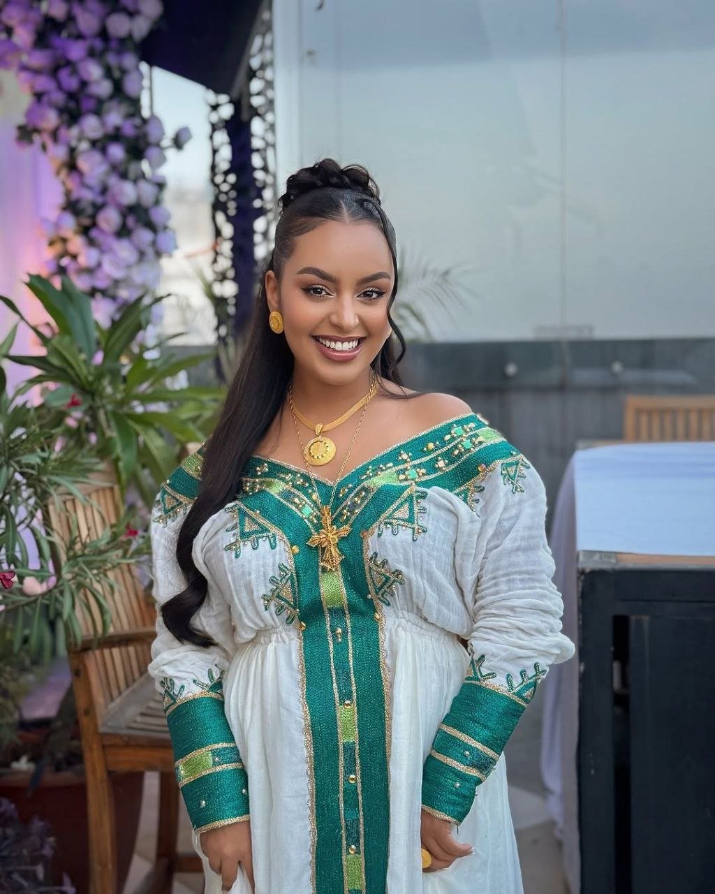 Beautiful Habesha Kemis With Teal and Gold Accents – Traditional Ethiopian Attire – Habesha Dress – Ethiopian Traditional Clothing