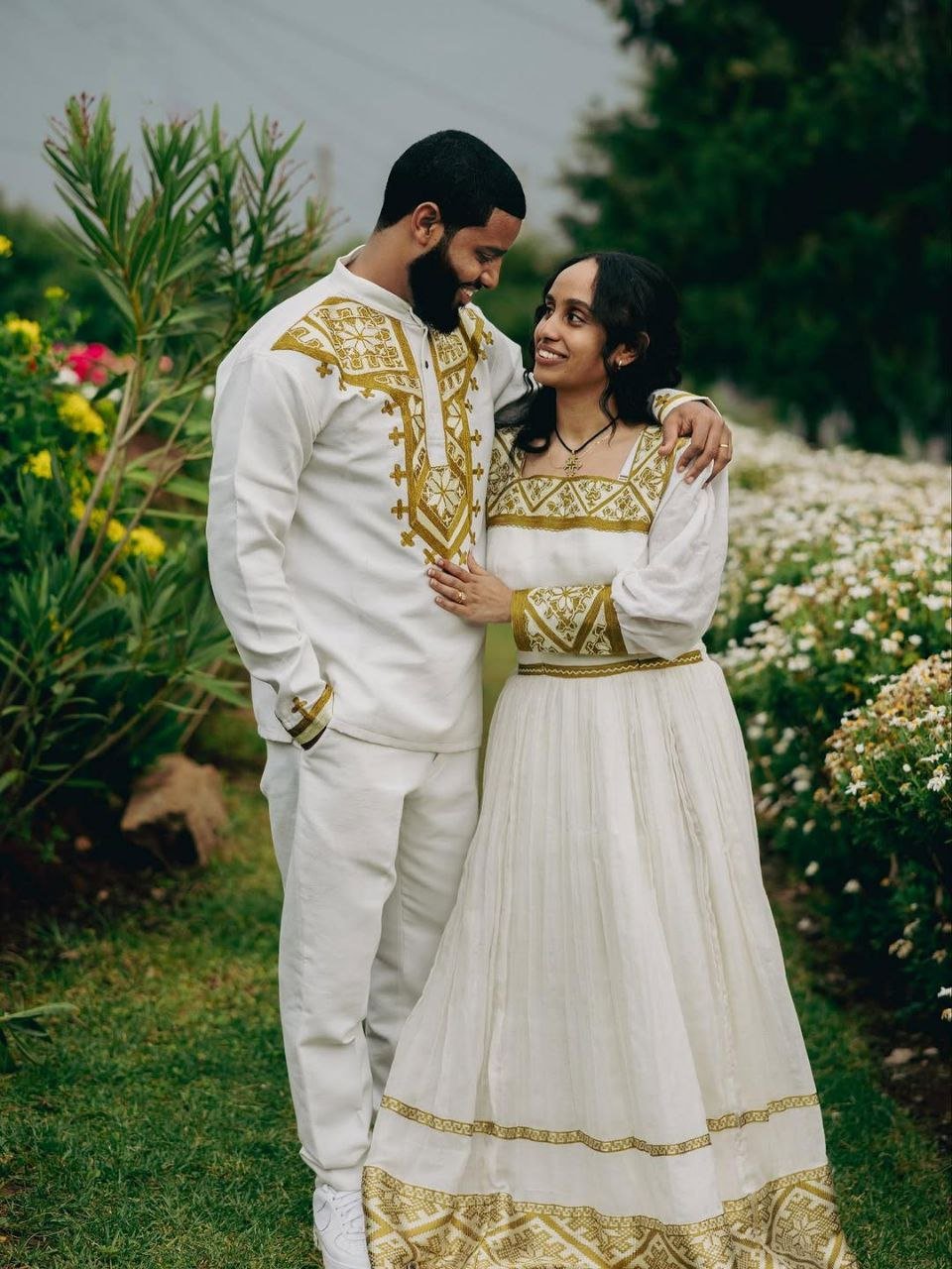 Elegant Golden Couples Outfit – Habesha Wedding Dress - Ethiopian Traditional Clothing