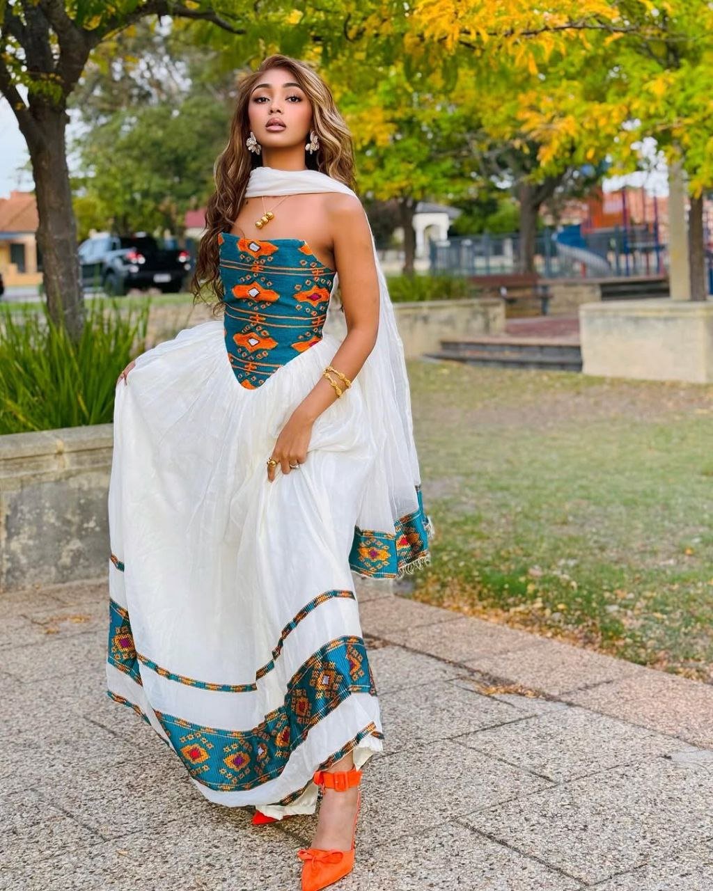 Modern Habesha Kemis with Teal and Orange Patterns – Habesha Clothing – Habesha Dress – Ethiopian Traditional Clothing