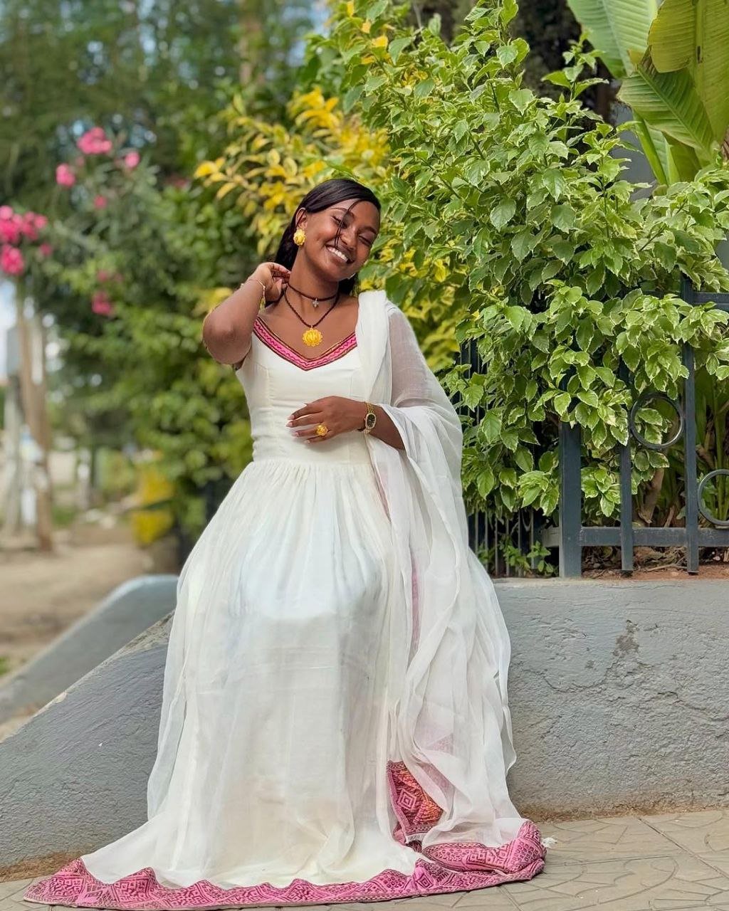 Elegant Habesha Dress with Pink Accents โ Traditional Ethiopian Attire โ Habesha Dress โ Ethiopian Traditional Clothing
