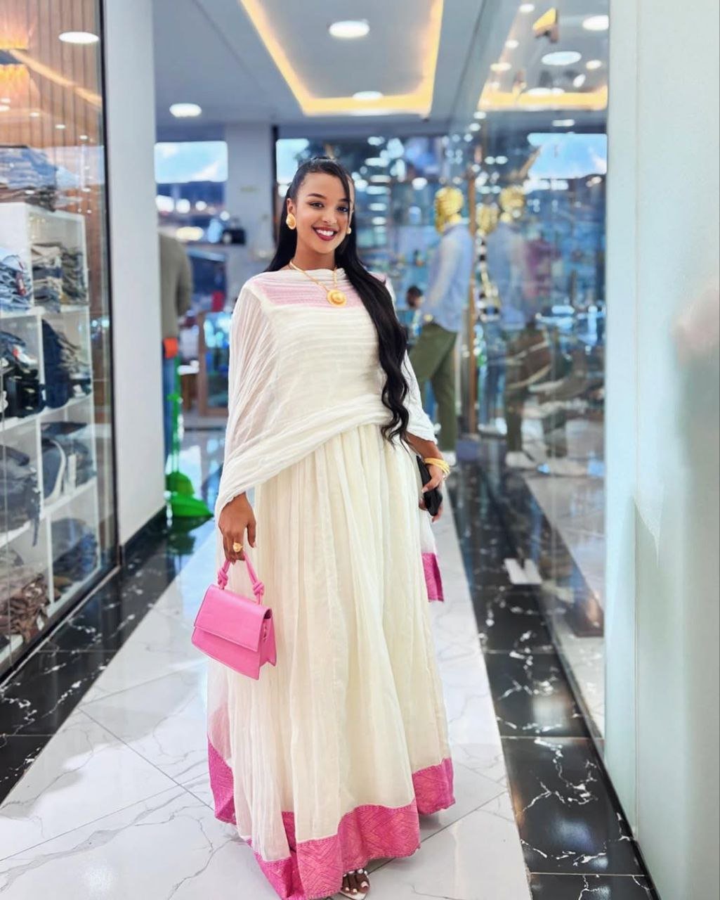 Simple Habesha Kemis with Pink Accents – Habesha Dress – Ethiopian Traditional Clothing – Habesha Clothing