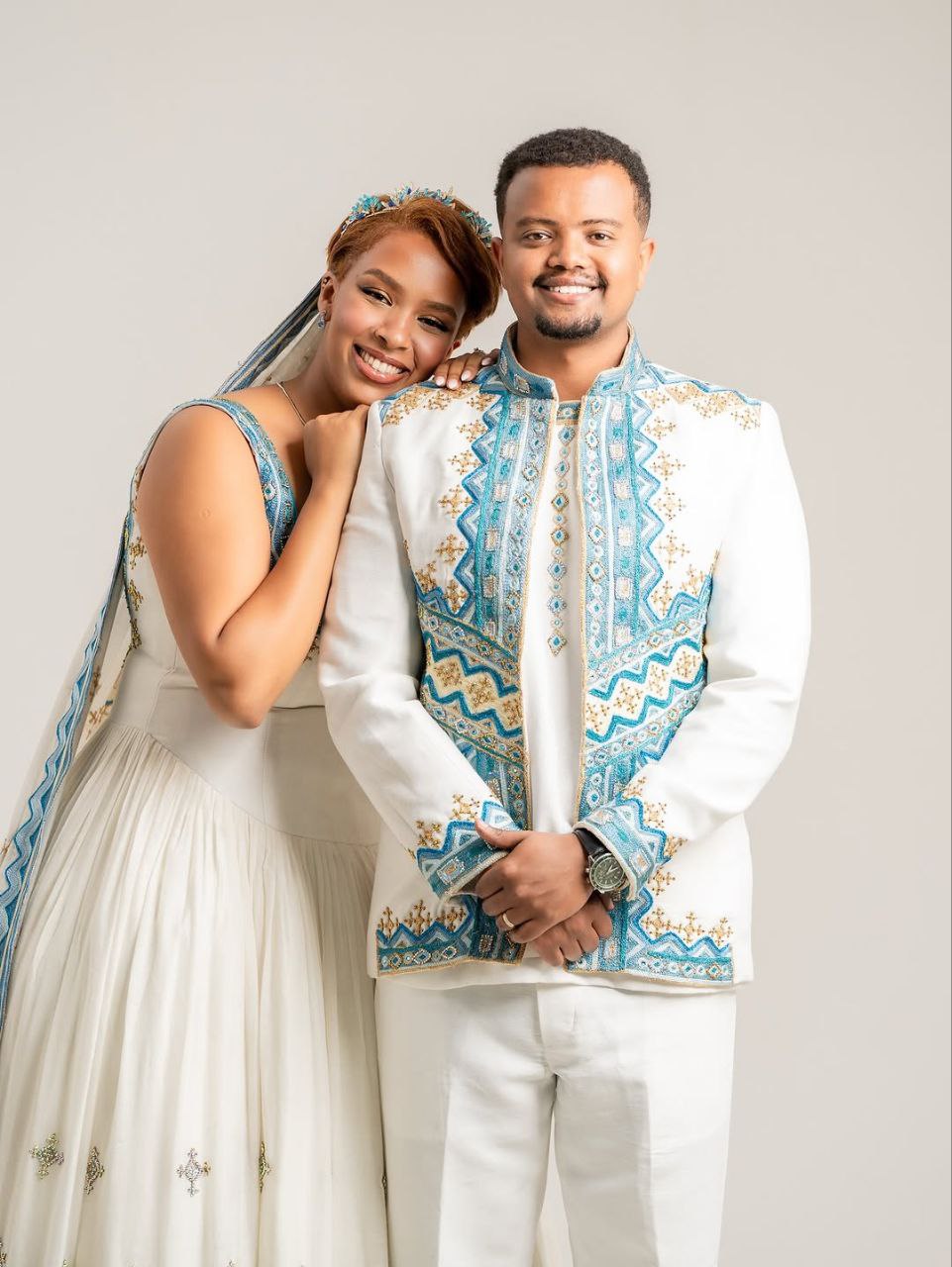 Beautiful Habesha Wedding Attire for Couples – Cultural Ethiopian Clothing with Blue & Gold Details