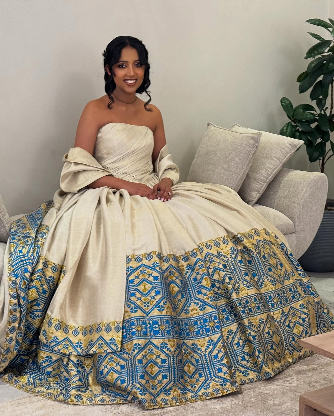 Modern Ethiopian Wedding Dress with Blue & Gold Tibeb Elegant Weeding Gown XL