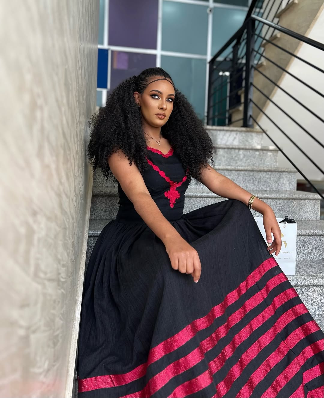 Modern Black Habesha Kemis Ethiopian Traditional Dress with Red Tibeb Embroidery XL