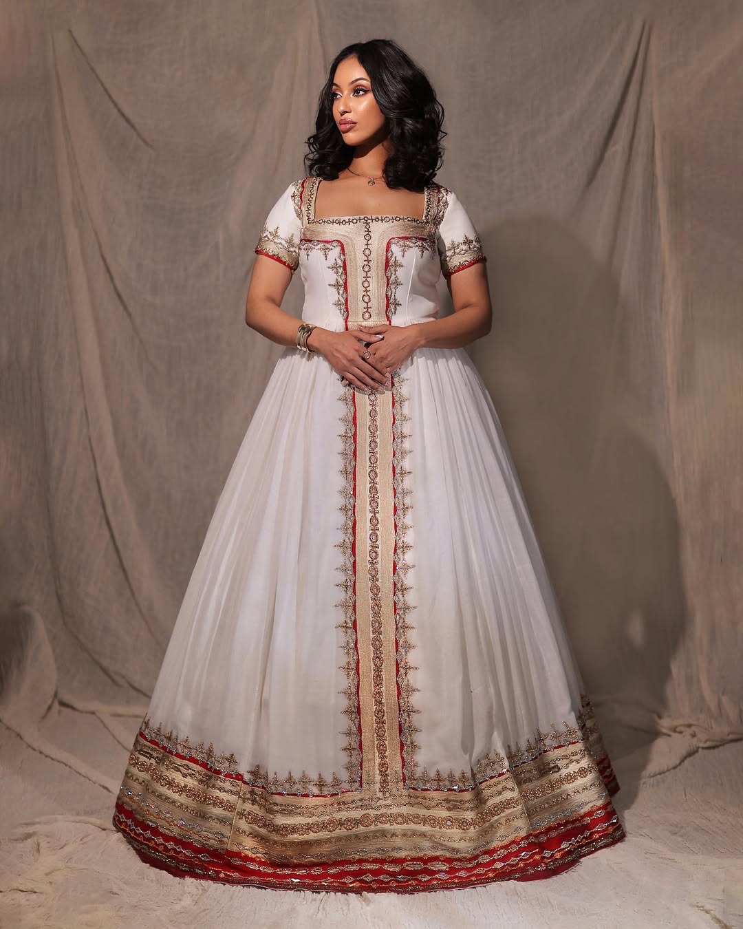 Elegant Ethiopian Wedding Dress White & Red Habesha Kemis Gorgeous Design Habesha Dress For Wedding 0053