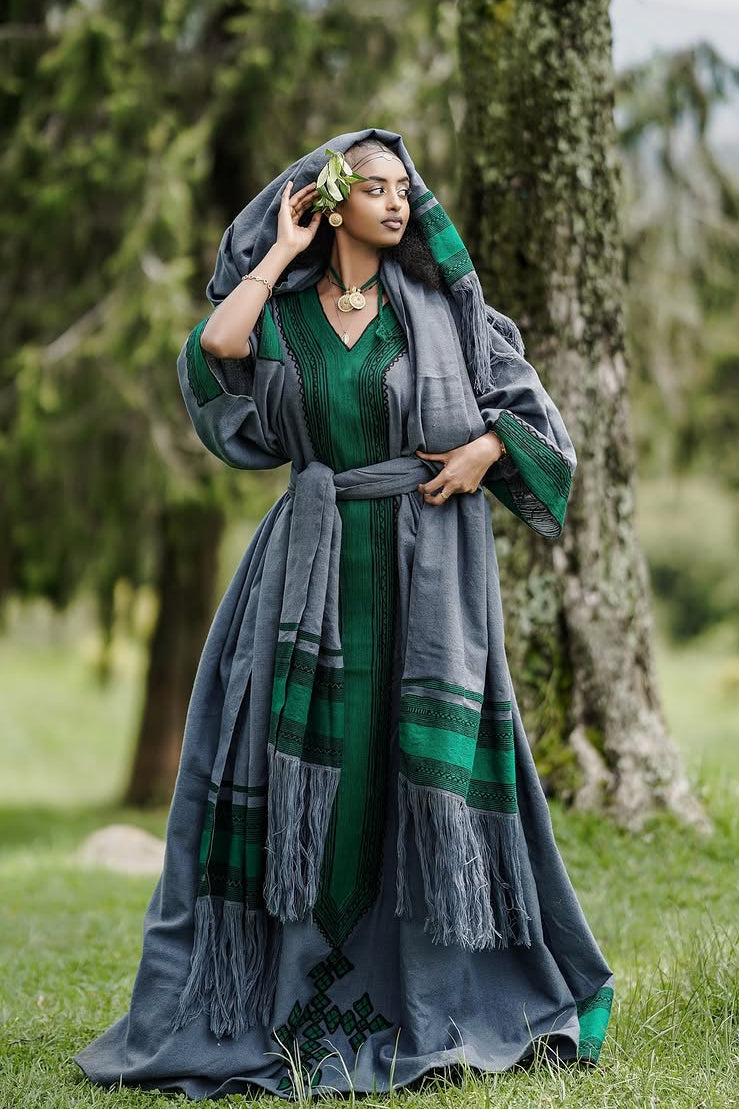 Elegant Green & Grey Ethiopian Traditional Dress For Women Traditional Habesha Kemis For Events XL