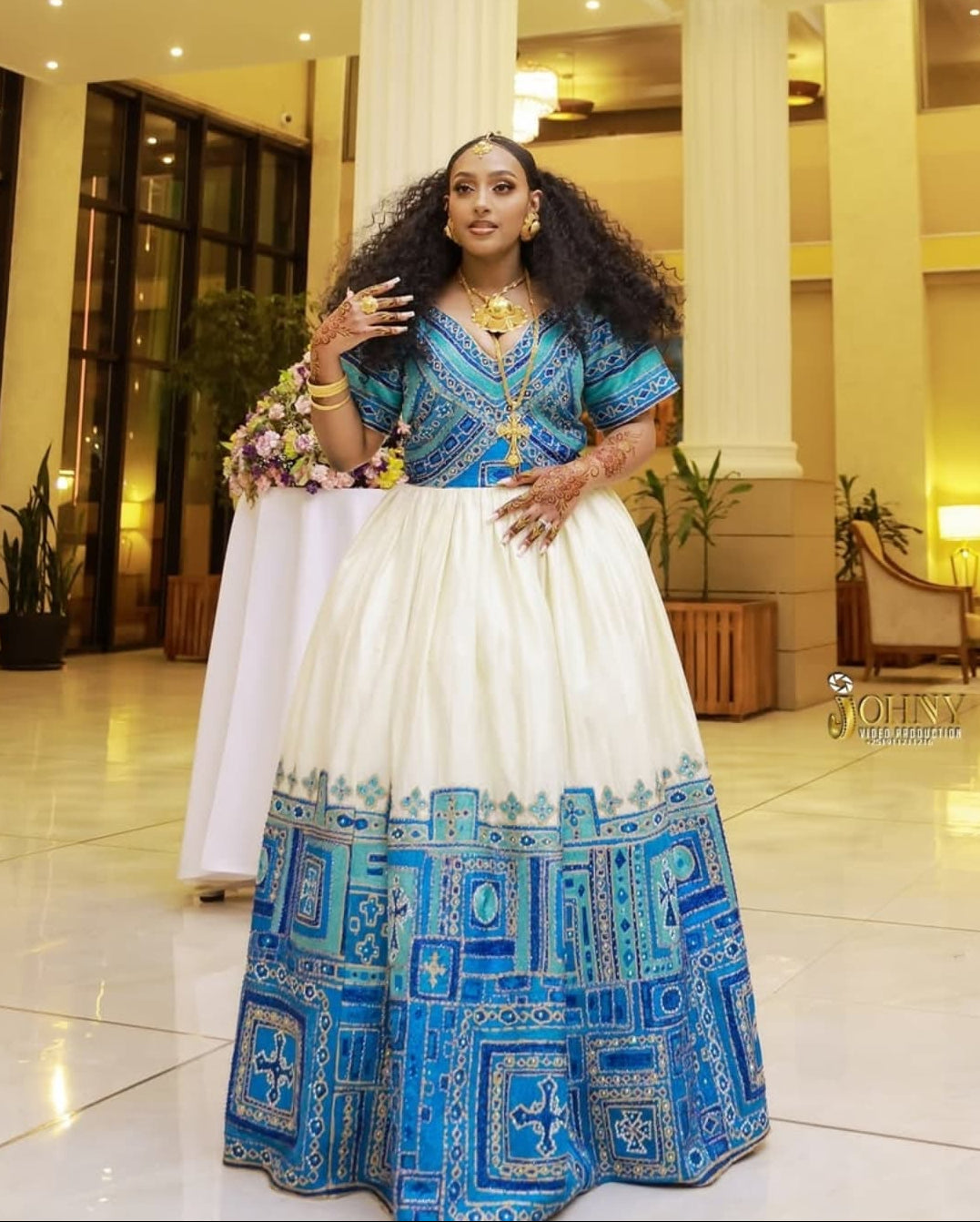 Royal Ethiopian Dress with Intricate Blue Tile-Inspired Embroidery Cultural Habesha Kemis For Wedding M