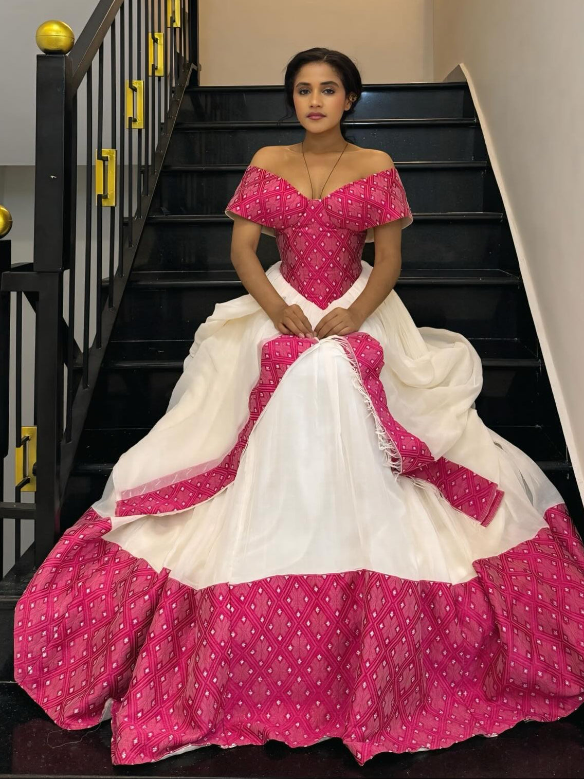 Off-Shoulder Habesha Dress with Red Hem V-Neckline Habesha Kemis Ethiopian Traditional Dress 769