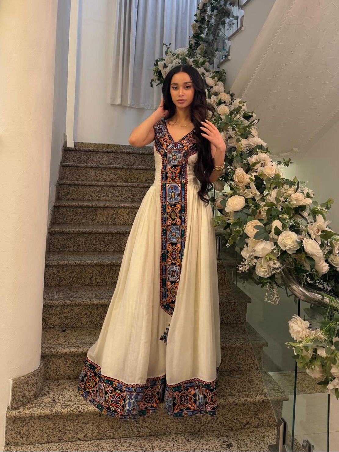 Multicolor Embroidery Habesha Dress Sleeveless Habesha Kemis V-Neckline Ethiopian Dress 771