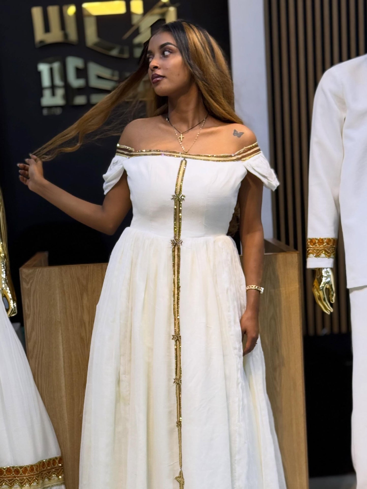 Luxury Habesha Dress Golden Detail Ethiopian Clothing Off-Shoulder Habesha Kemis Style 780