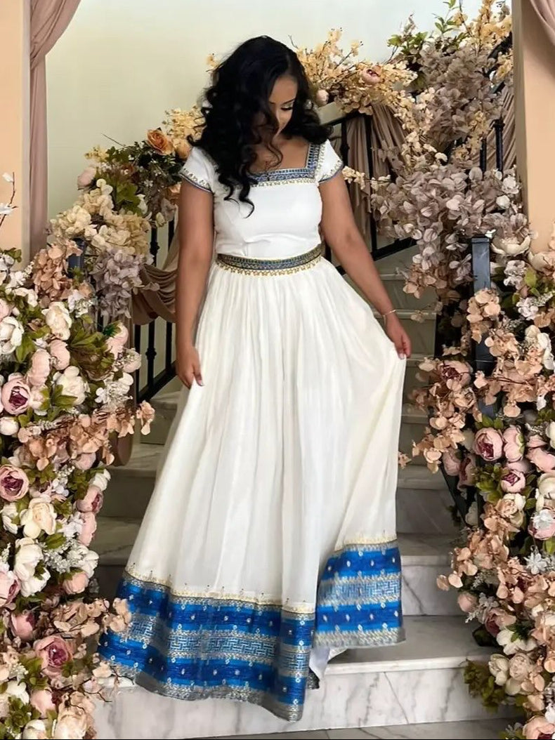 Authentic Ethiopian Clothing Blue Hem Habesha Kemis Fashion Eritrean Dress Inspired Style 787