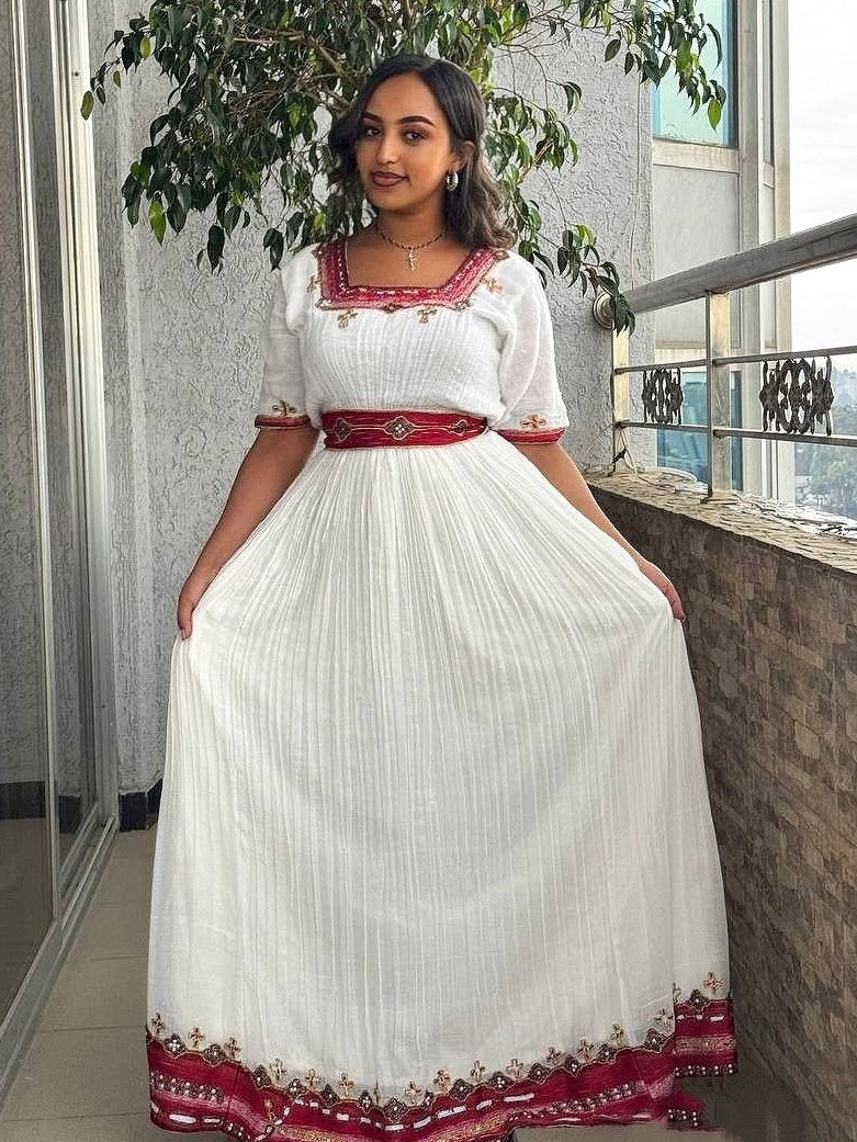 Burgundy Pattern Habesha Kemis Short Sleeve Cultural Ethiopian Gown – TheEthiopianStore