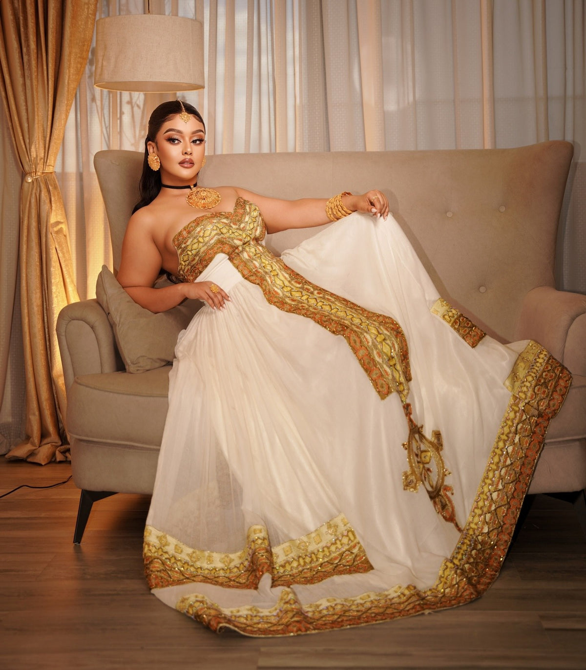 Strapless Habesha Dress Golden Embroidery Habesha Kemis Graceful Ethiopian Dress 790
