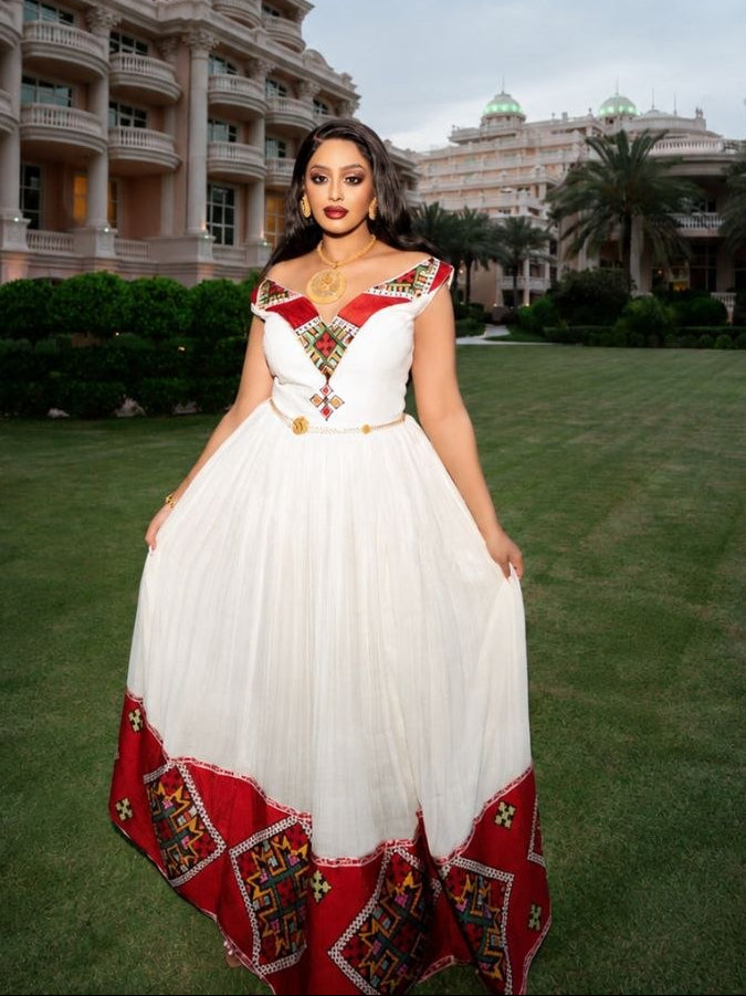 Red Woven Ethiopian Dress Sleeveless Habesha Kemis Timeless Habesha Dress For Event 792