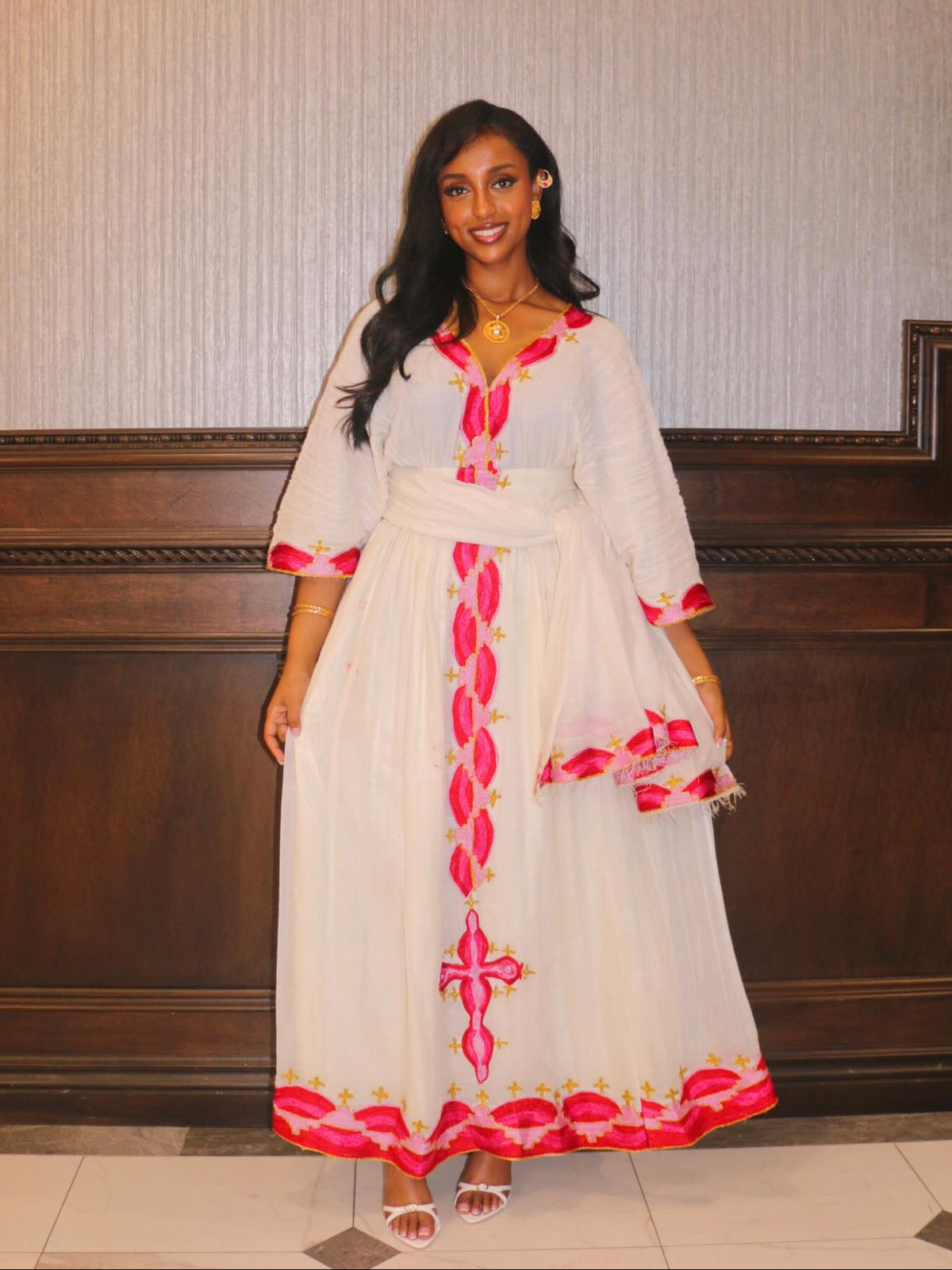 Radiant Habesha Kemis Red and Pink Embroidery Ethiopian Clothing Minimalist Cultural Habesha Dress 795