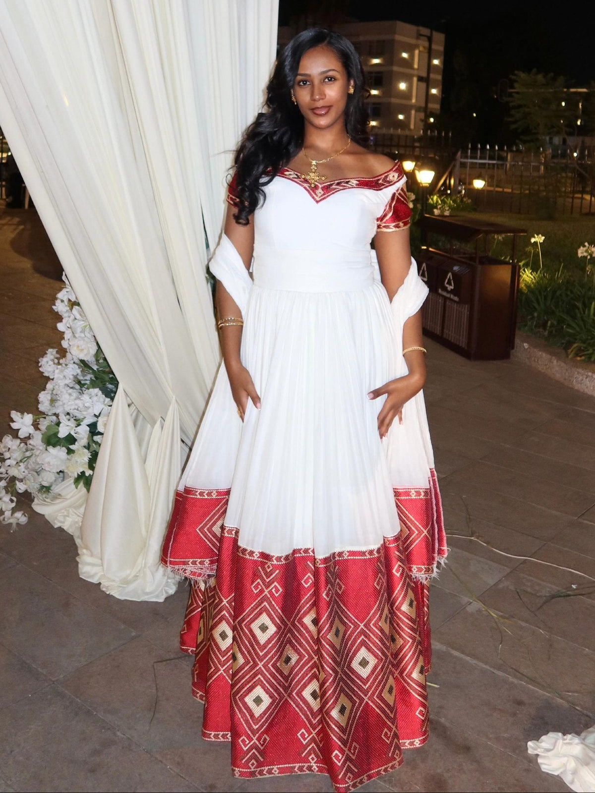 Sophisticated Ethiopian Dress Off-Shoulder Habesha Dress Artistic Red Woven Design Habesha Kemis 796