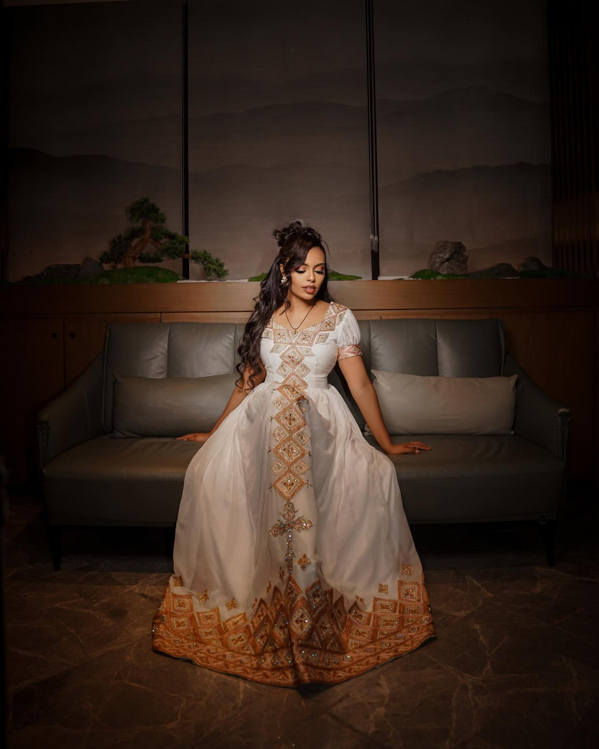 Traditional Ethiopian Dress Graceful White Habesha Dress Rose Gold Embellished Design Habesha Kemis 801