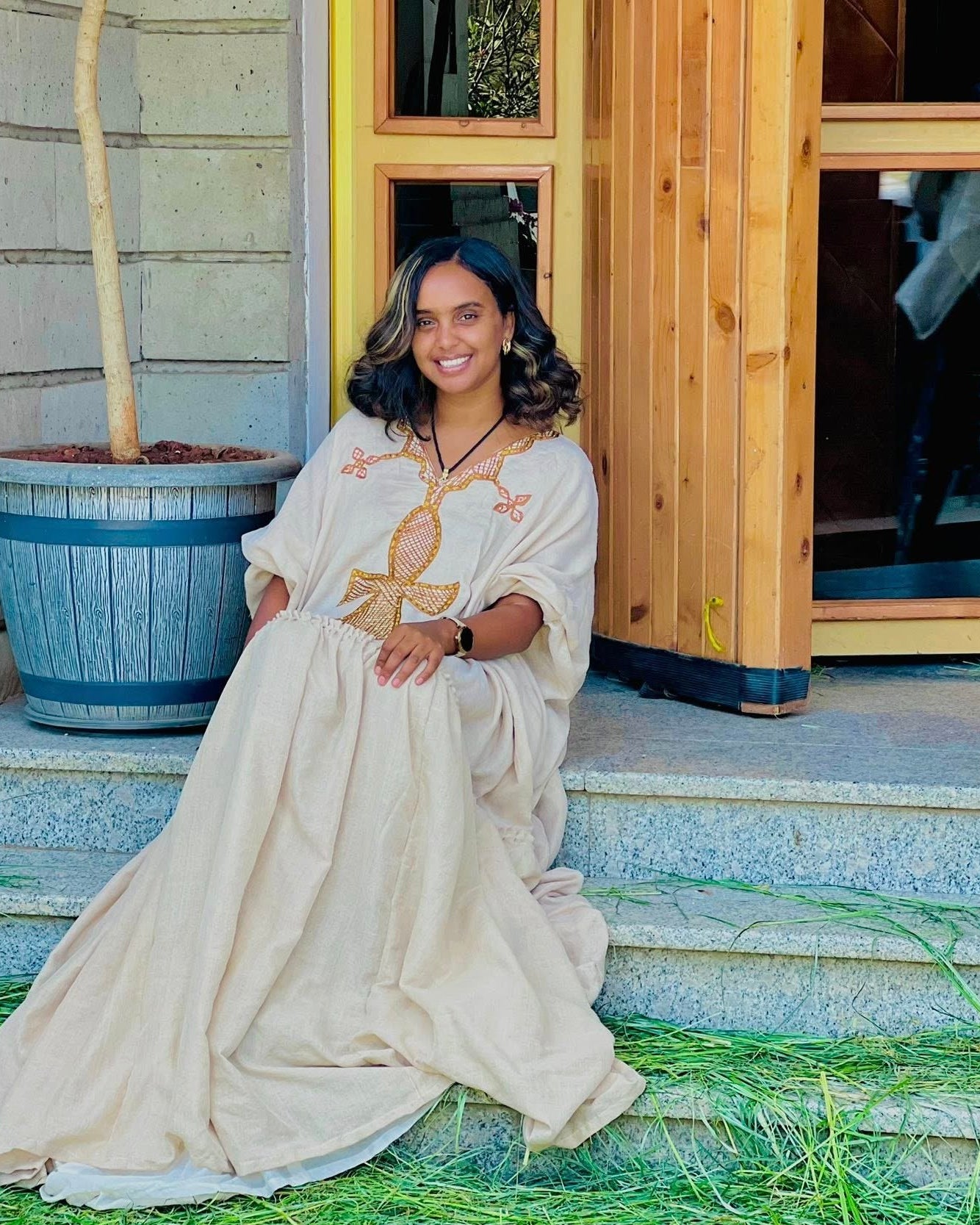 Traditional Ethiopian Dress Timeless Beige Habesha Dress Gold Cultural Detailing Habesha Kemis 804