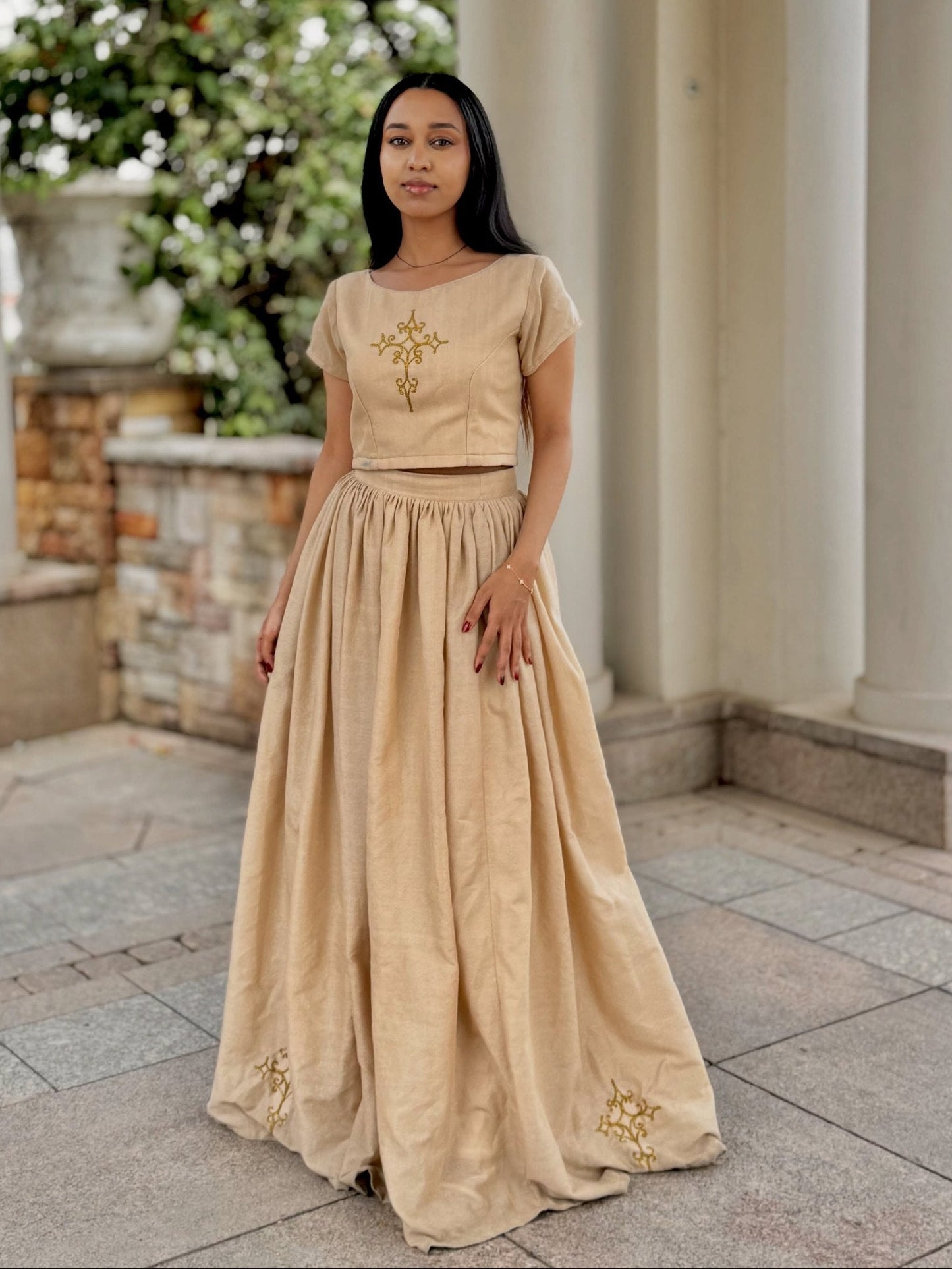 Majestic Beige Habesha Kemis Sacred Cross Motif Habesha Dress and Short Sleeve Ethiopian Clothing 807