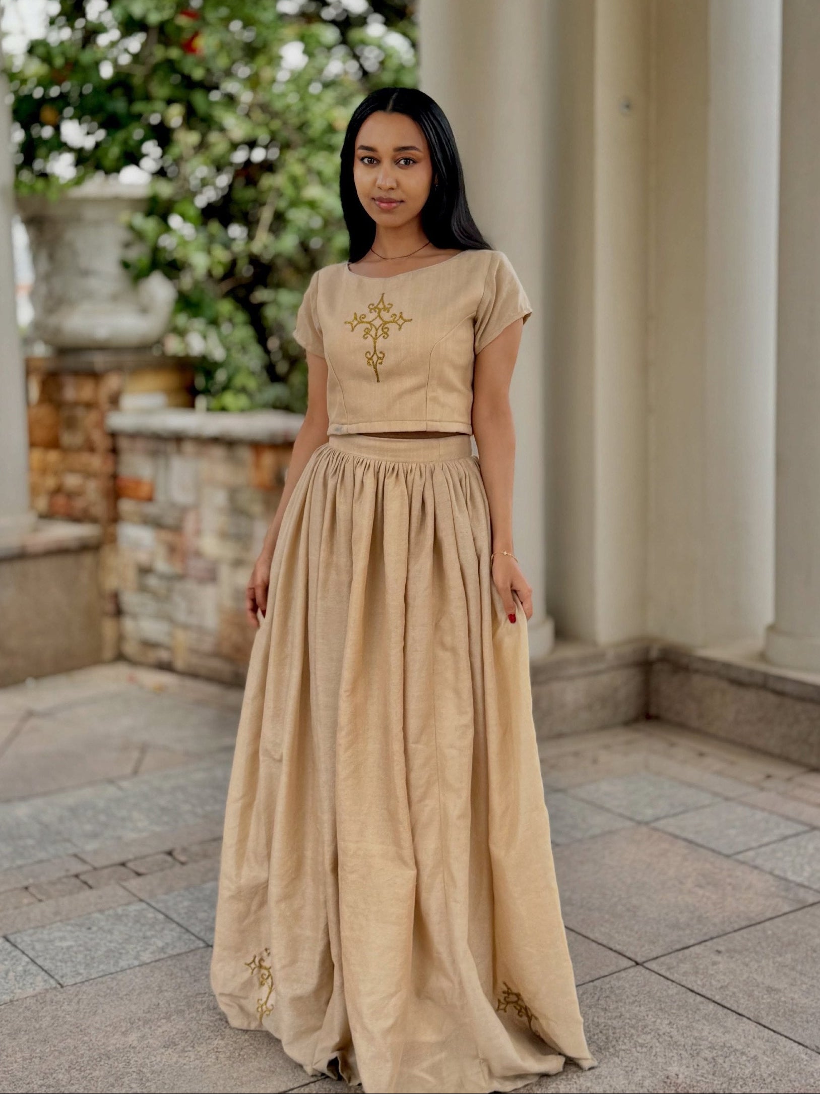 Traditional Ethiopian Dress Beige Habesha Dress with Iconic Cross Embroidery S