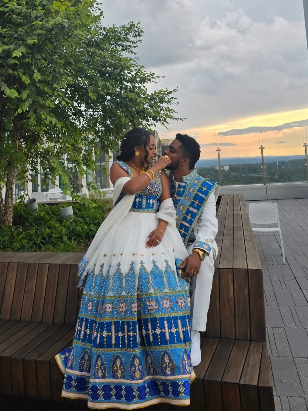 Matching Habesha Couple Set Blue Embroidered Ethiopian Cultural Clothing Traditional Wear 808