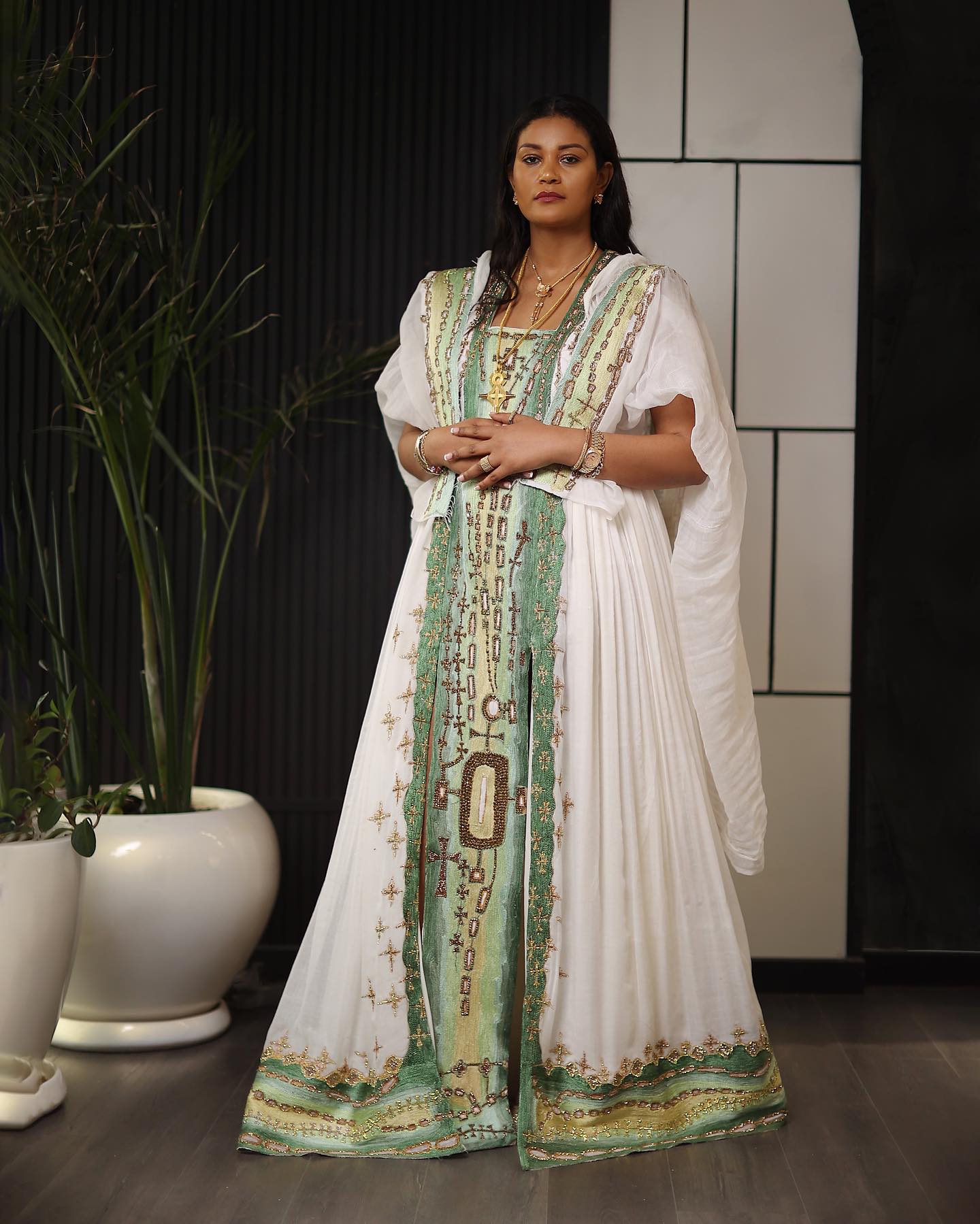 Elegant Sleeveless Habesha Kemis Green and Yellow Traditional ethiopian Dress Sleeveless Habesha Dress For Wedding 811