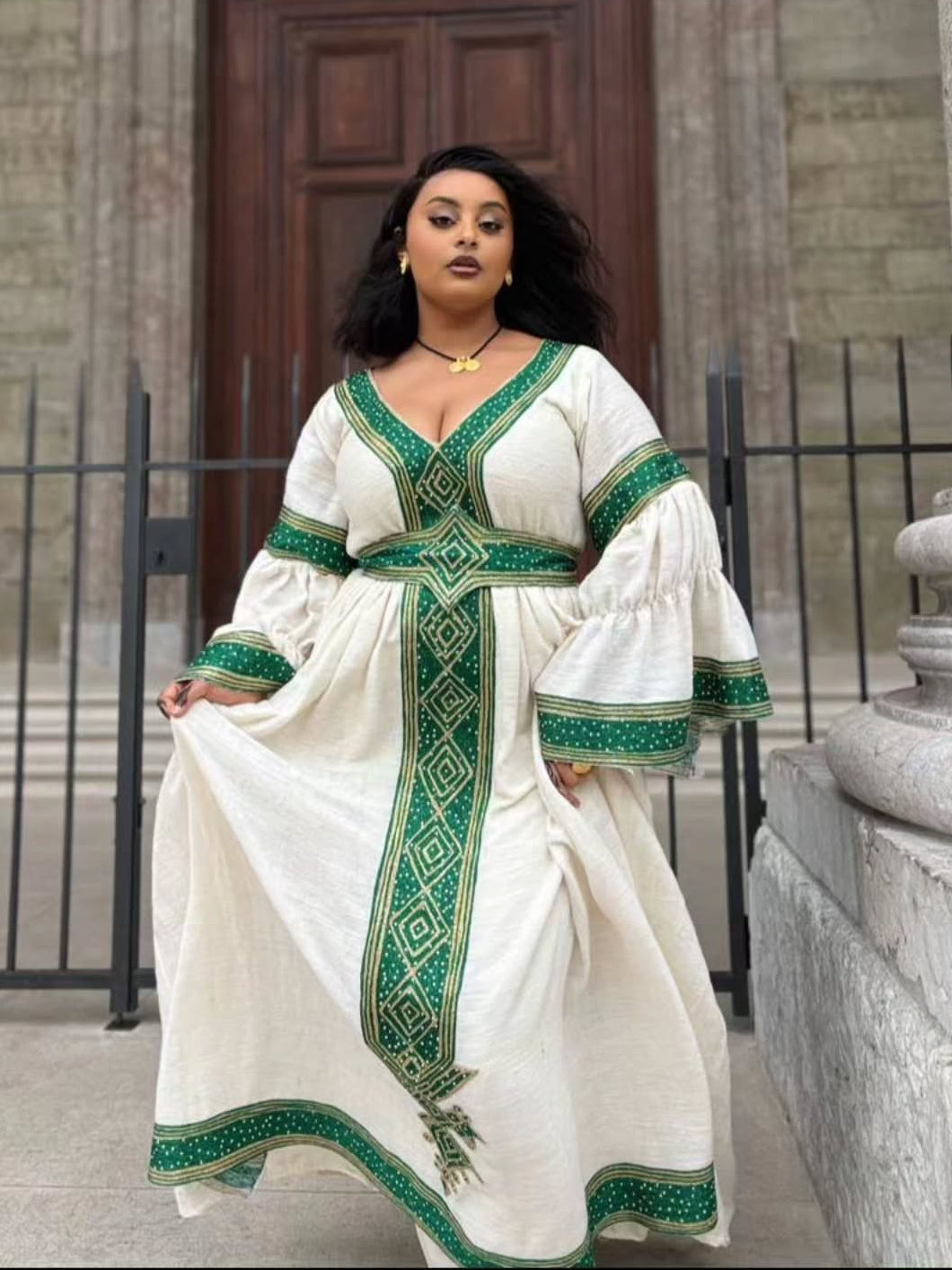 Graceful Habesha Dress V-Neck Habesha Kemis Emerald Woven Details and Heritage Ethiopian dress 813