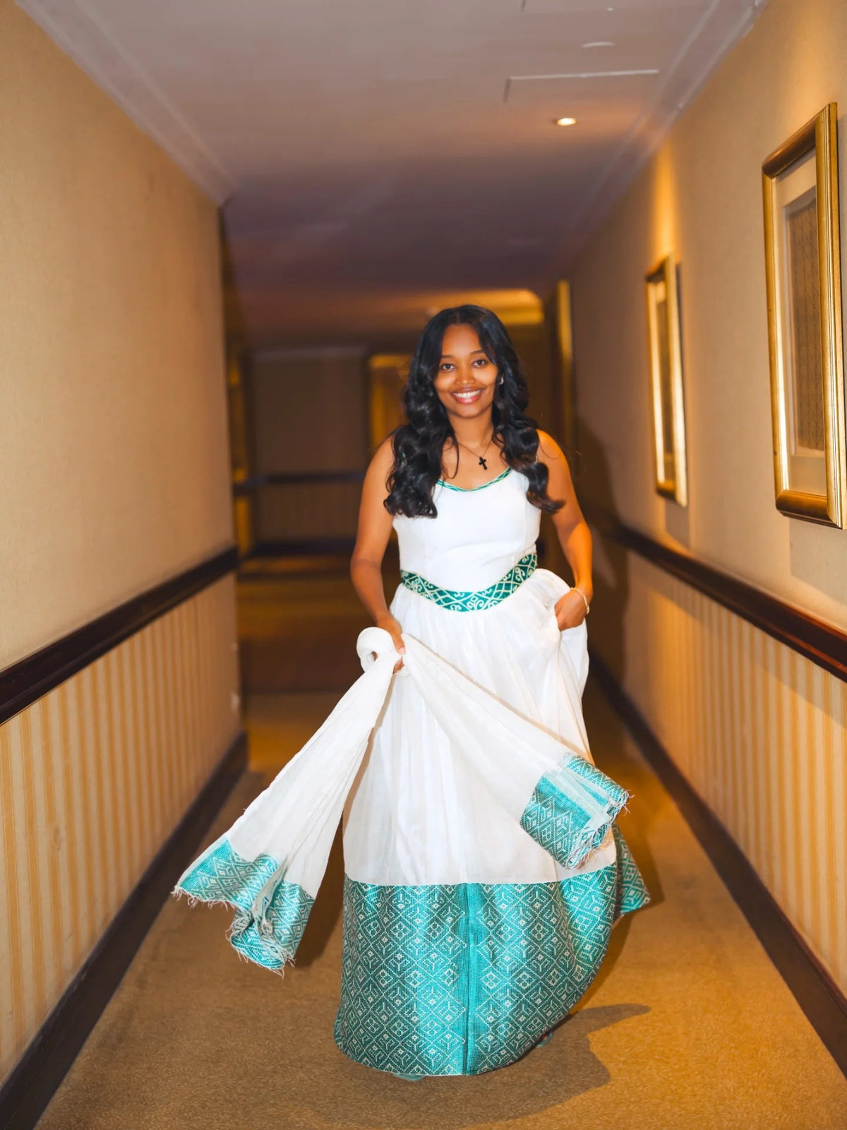 Green Woven Habesha Dress Open-Back Habesha Kemis Sleeveless Ethiopian Clothing 816