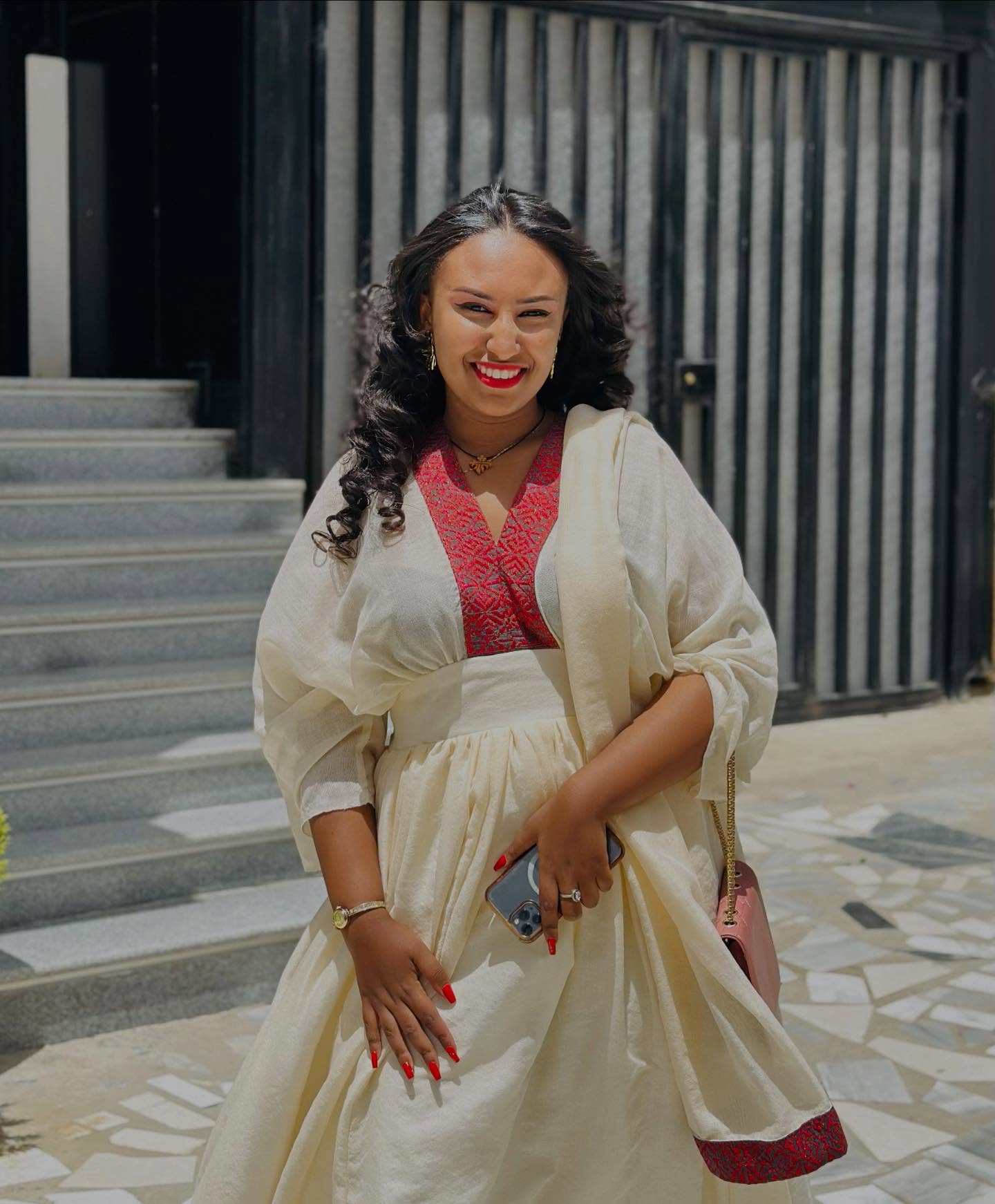 V-Neck Habesha Dress Burgundy Woven Ethiopian Traditional Clothing Timeless Habesha Kemis 819