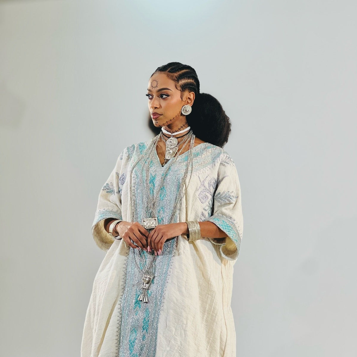 Silver and Blue Sky Embroidery Habesha Dress Charming Habesha Kemis Festive Ethiopian Dress 824