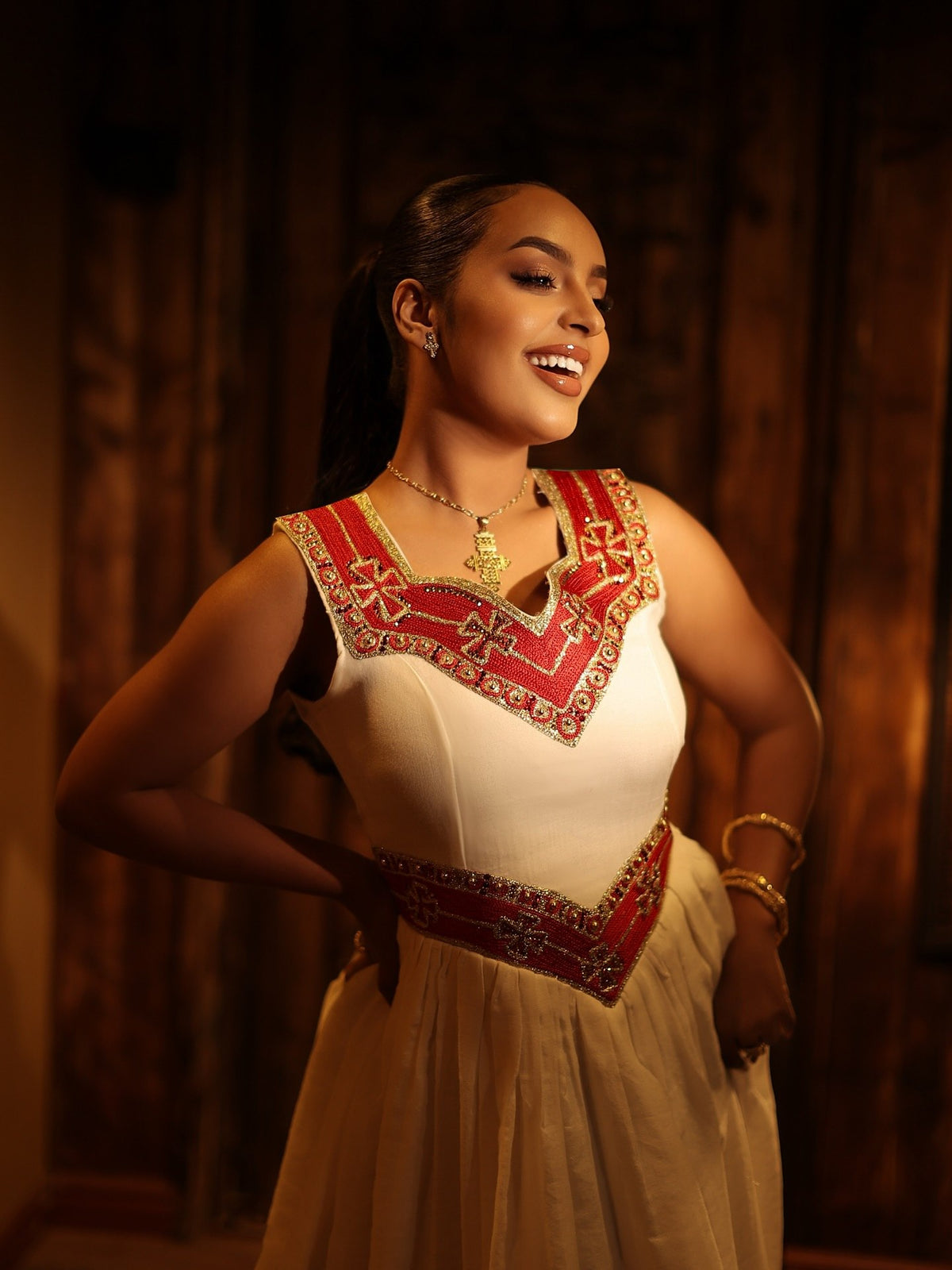 Red and Golden Embroidery Habesha Dress Sleeveless Ethiopian Traditional Clothing Luxurious Habesha Kemis 826