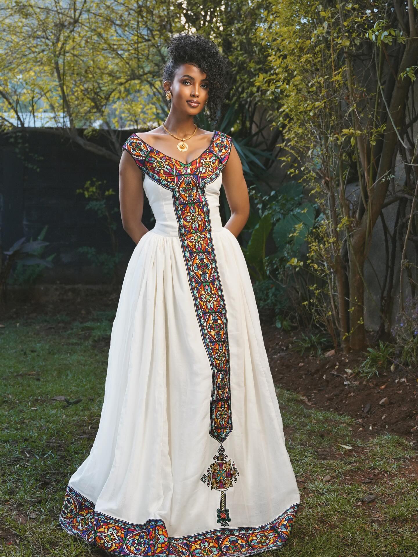 Multicolor Embroidery Ethiopian Clothing Off-Shoulder Habesha Dress Beautiful Habesha Kemis 831