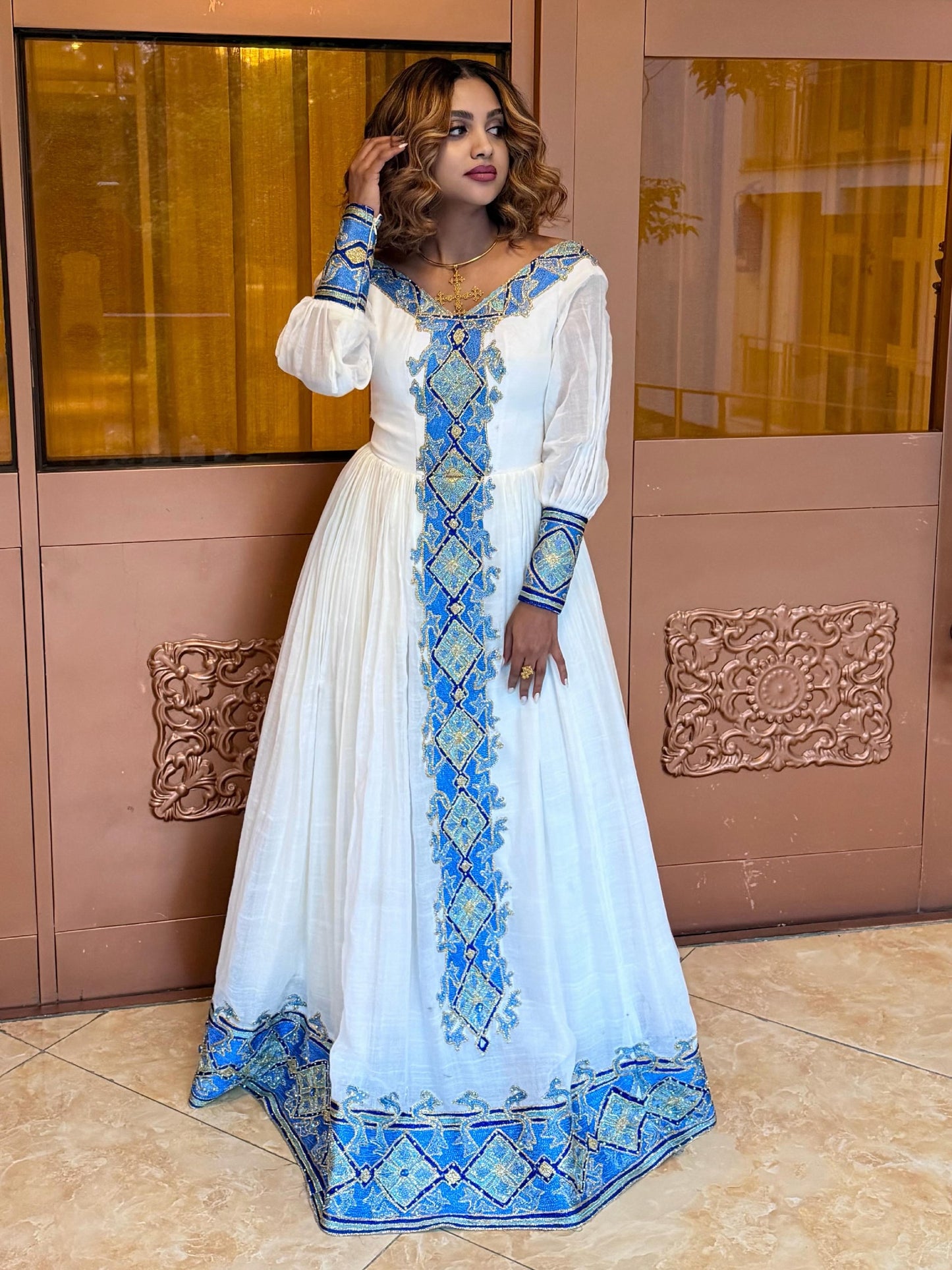 Blue and Silver Embroidery Habesha Kemis Long Sleeve Ethiopian Clothing Graceful Habesha Dress 833