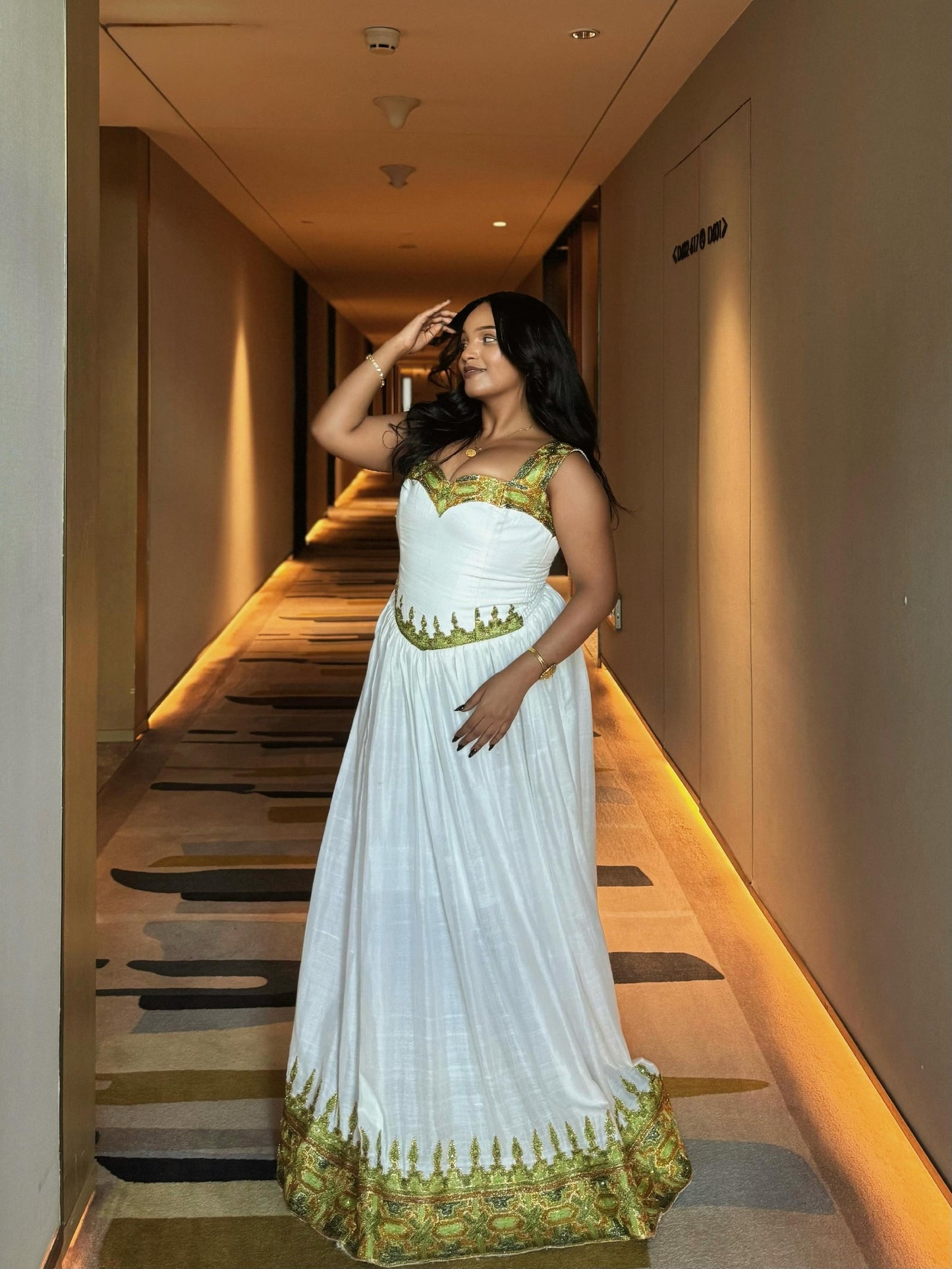 Stunning Sleeveless Habesha Kemis Green and Gold Embroidery Habesha Dress Ethiopian Dress For Cultural Celebrations 835