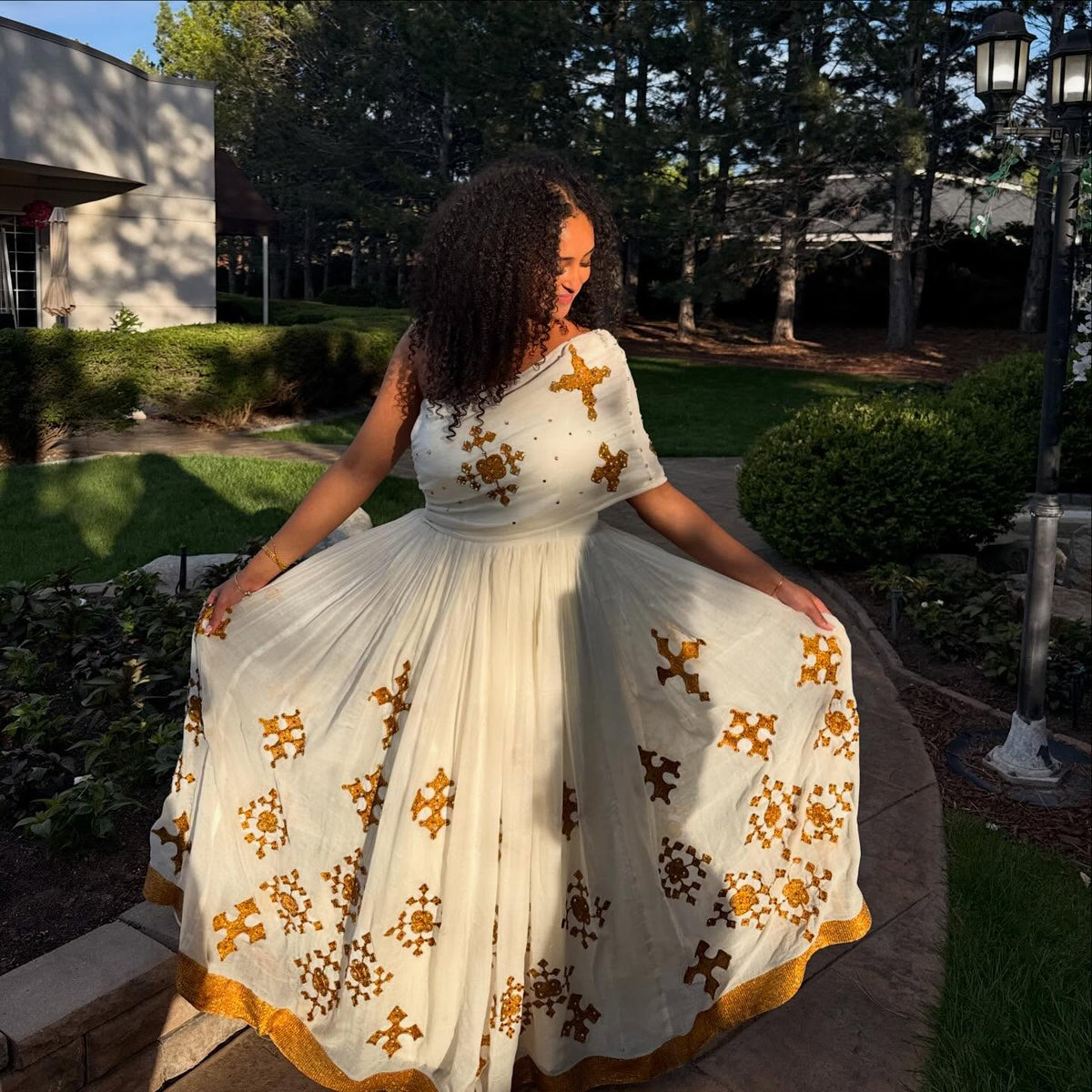 Golden Cross Embroidered Habesha Dress One-Shoulder Drape Habesha Kemis Regal Ethiopian Dress 838