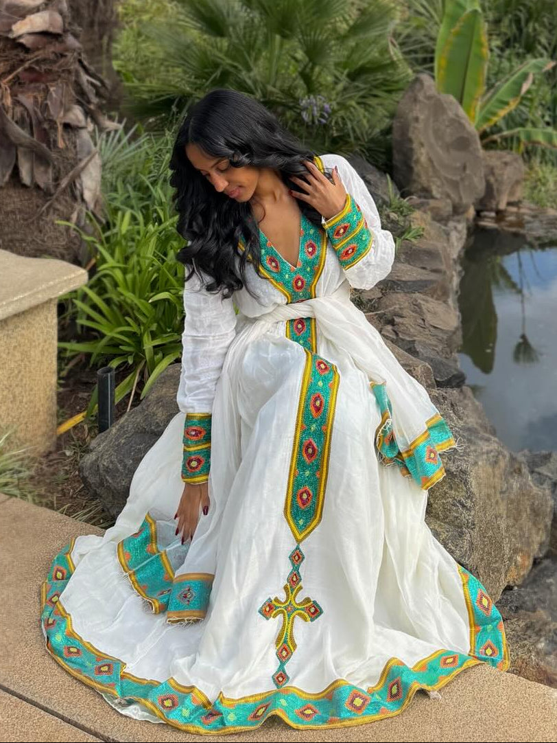 Turquoise Embroidered Habesha Dress Cross Motif Detail Habesha Kemis Ethiopian Dress 839