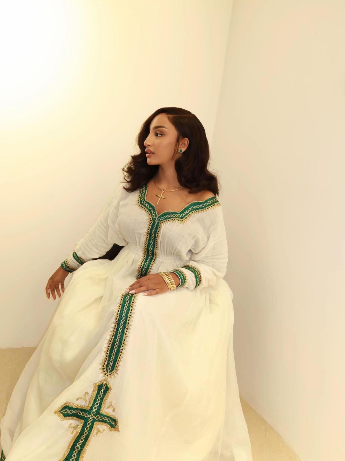 Emerald and Gold Habesha Dress Long Sleeves Habesha Kemis Timeless Ethiopian Clothing 840