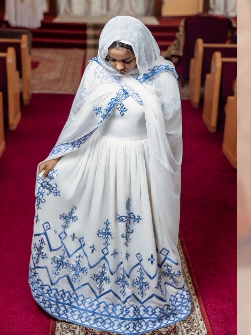Royal Blue Embroidery Habesha Dress for Church Graceful Habesha Kemis Cultural Ethiopian Clothing 841