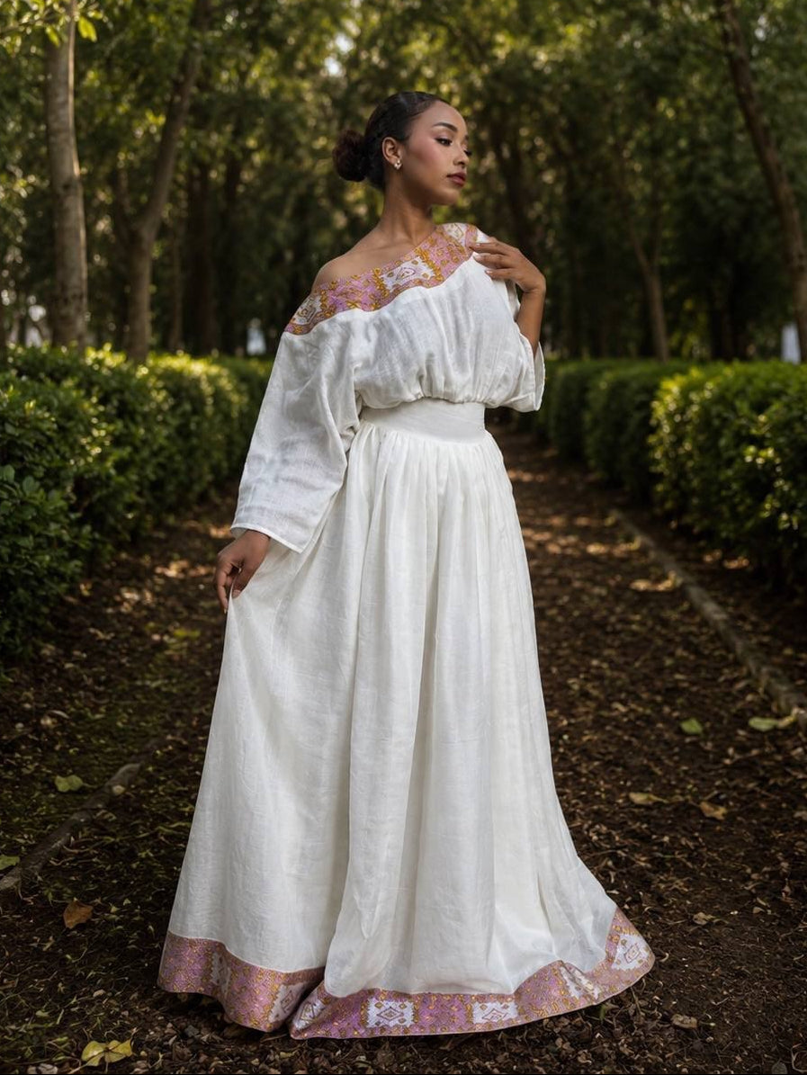 Blush Pink Embellished Habesha Dress Off-Shoulder Neckline Habesha Kemis Traditional Ethiopian Dress 842
