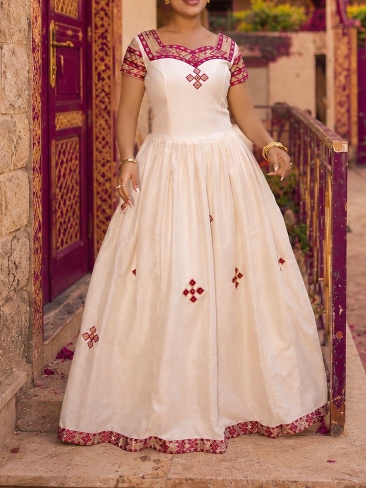 Cross Motif Habesha Dress with Short Sleeves Timeless Habesha Kemis