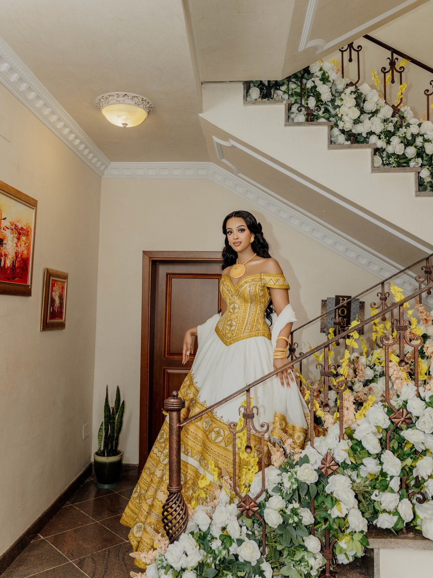 Radiant Golden and Yellow Habesha Dress Graceful Off-Shoulder Habesha Kemis for Ethiopian Wedding 852
