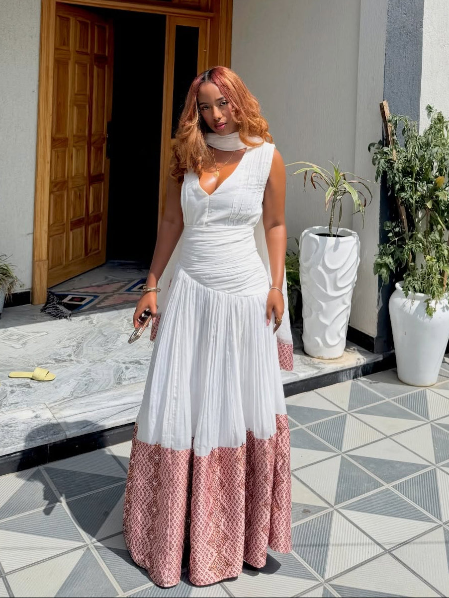 Blush Woven Habesha Dress Sleeveless V-Neck Habesha Kemis Traditional Ethiopian Clothing 854